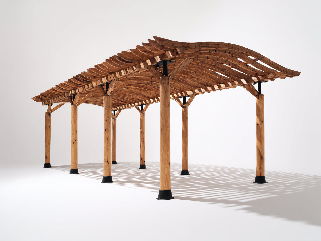 Pérgola de jardín de madera 520x300x260 cm - madera y negro - techo curvo